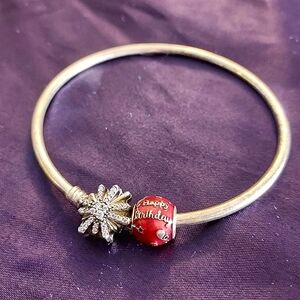 NWOT engraved Pandora Bracelet snowflake jewel clasp; Happy Birthday charm